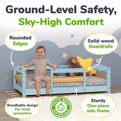 Crib Size Wooden Floor Bed Frame with Rails for Toddlers Age 1–3