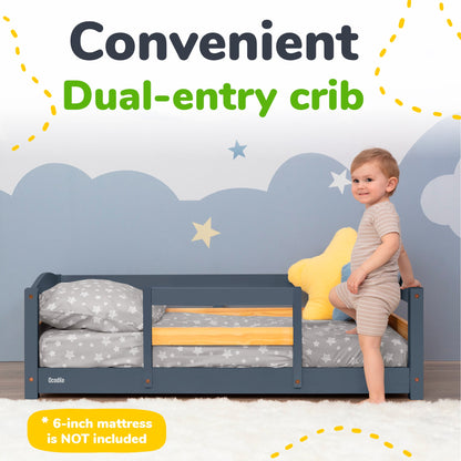 Crib Size Wooden Floor Bed Frame with Rails for Toddlers Age 1–3